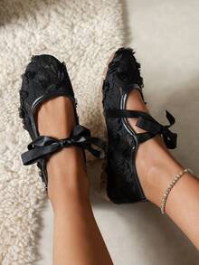 Fashionable Flat Shoes, Casual Floral Pattern Bow Design Highly Attractive Fairy-Style Flats - Black - View 5