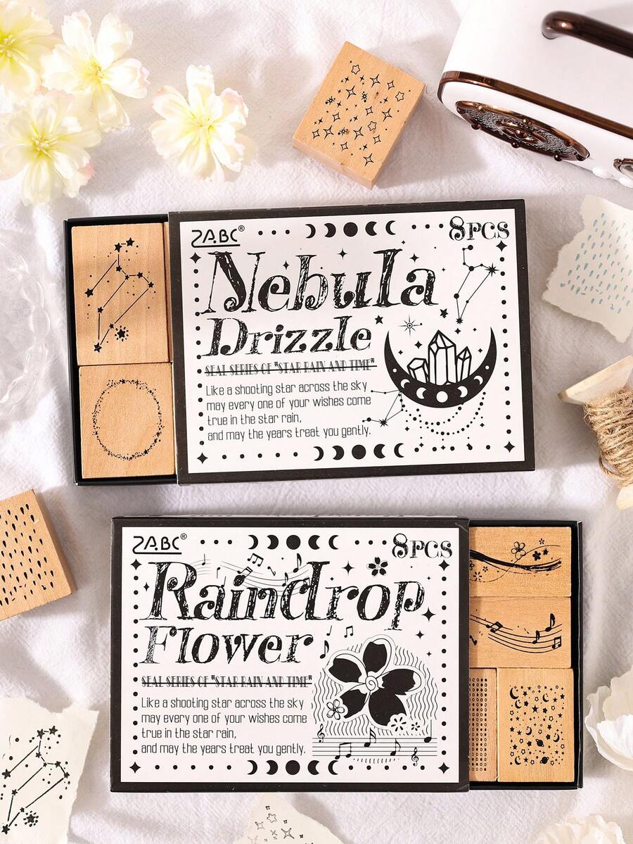 8pcs/Box Stars And Rain Pattern Wooden Stamp Set, Clear Pattern Creative Design Handbook Stamp, Used For Scrapbook And Diary Decoration Gift Wrapping Decoration Stamp, Back-To-School Season Handbook Gift To Friends - Sets - View 1