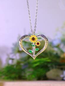 1pc Fashionable Unique Heart-Shaped Sunflower Cross Pendant Necklace Engraved With "You Are My Sunshine", Suitable As Gift For Girlfriend - Birthday Gift - Holiday Present - White - View 11