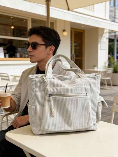 1个奶油色灯芯绒大容量手提包，新款小众设计休闲单肩包，适合通勤、上学、购物、旅行，适合大学生、文艺青年、时尚妈妈