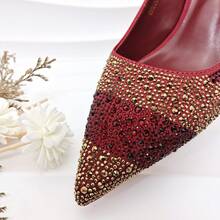 QueenaYan Women's Shoes And Bag Set, Premium High-Temperature Rhinestone Craftsmanship, Women's Pointed Toe High Heels, Colorblock Striped, Colorful Rhinestone Chain Handbag - Red - View 3