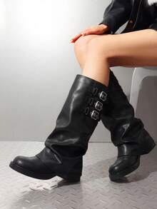 Fold-Over Knee High Boots Comfort Low Heel Wide Calf Slouchy Motorcycle Boot Buckle Long Tall Boots Fashion Women Shoes - màu đen - Xem 3