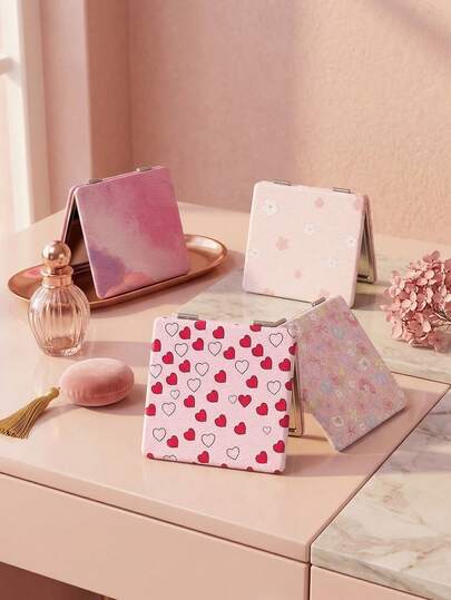 1pc Y2K Series Portable Makeup Mirror, 2X Magnifying Makeup Mirror, Foldable Lightweight Ultra-Thin Double-Sided Handheld Mirror, Travel Mini Makeup Mirror, Durable PU Leather, Foldable Compact For Easy Carrying, Unique Pattern Design, Refined Folding Structure, Durable And Reliable