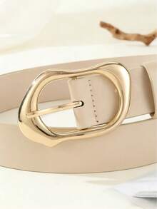 Trending 2026: Minimalist Beige PU Leather Belt | Curved Gold Buckle Design | Versatile Fashion Accessory - Beige - View 5