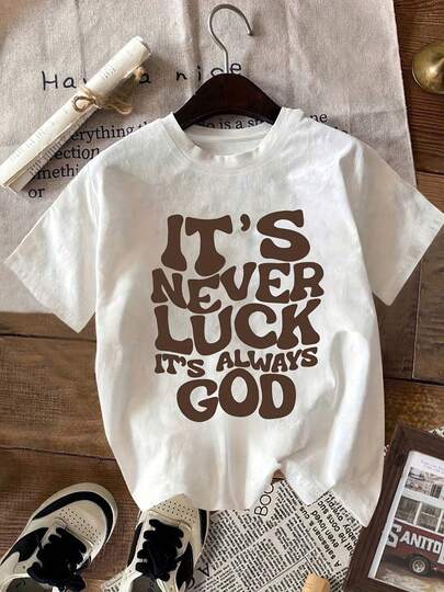 Women's Casual Short-Sleeved T-Shirt Eye-Catching It's Never Luck But God "Letter Print-White And Brown Pattern Round Neck Top Bright Breathable Fabric Machine-Washable Everyday Dress Cute T-Shirt All-In-One Fashion Top Soft Texture Faith Theme Clothing Local Warehouse Delivery Soft Cotton Comfort Discount Suitable For Easter, Halloween, Thanksgiving, Christmas And So On