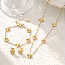Fashion 18K Gold Color-Preserving Stainless Steel Hand-Carved Flower Bracelet Necklace Earrings Set Suitable For Women's Parties - Multicolor - View 1