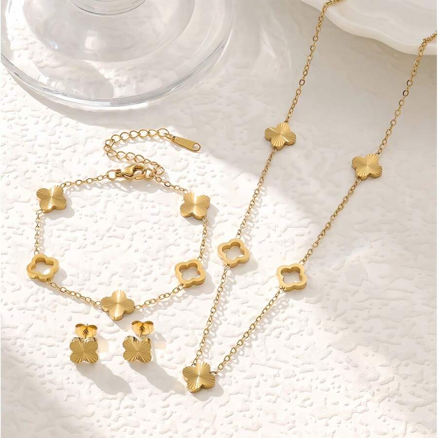 Fashion 18K Gold Color-Preserving Stainless Steel Hand-Carved Flower Bracelet Necklace Earrings Set Suitable For Women's Parties - Multicolor - View 1
