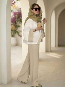 2pcs Colorblock Jacquard Pattern Elegant Top + Wide Leg Pants Set, Suitable For High-End Hotel Leisure Occasions, Autumn/Winter Spring - Apricot - View 1