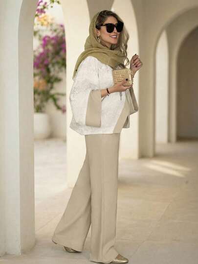 2pcs Colorblock Jacquard Pattern Elegant Top + Wide Leg Pants Set, Suitable For High-End Hotel Leisure Occasions, Autumn/Winter