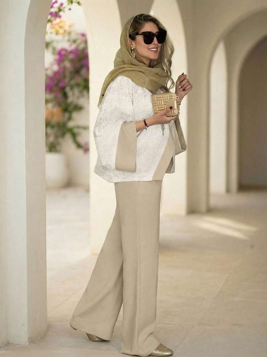 2pcs Colorblock Jacquard Pattern Elegant Top + Wide Leg Pants Set, Suitable For High-End Hotel Leisure Occasions, Autumn/Winter Spring - Apricot - View 1