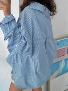 Plus Size Women's Striped Button-Up Shirt, Long Dropped Shoulder Sleeve, Woven Fabric Spring - Blue - View 6
