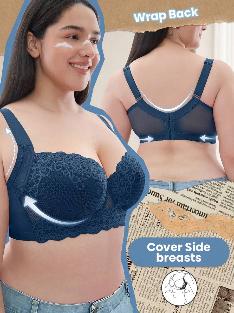 Plus Size Floral Lace Underwire Bra, Wide Strap Comfortable Style, Full Cup Design, Exquisite Lace Details, Supportive Underwire For Lifted Bust