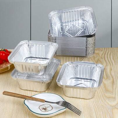 50 piezas/paquete Cajas de comida cuadradas desechables de aluminio, Contenedores de papel de aluminio gruesos, Horneado, Parrilla, Empaque para llevar, Horno
