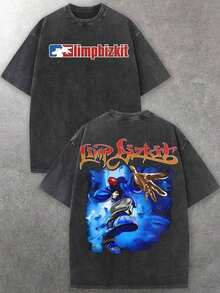 Band T Shirts Men, Limp Bizkit Anime Style Graphic, 230g Washed Cotton Crew Neck Short Sleeve T-Shirt, Soft, Nu-Metal Rock Casual, Street Fashion, Big And Tall, Free Shipping - 黑色 - 查看 6