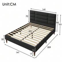 Upholstered Double Bed With Slatted Base, 140x200cm, Upholstered Bed Frame With Headboard, In Linen, For Adults And Teenagers (With Mattress) - 黑色 - 查看 2