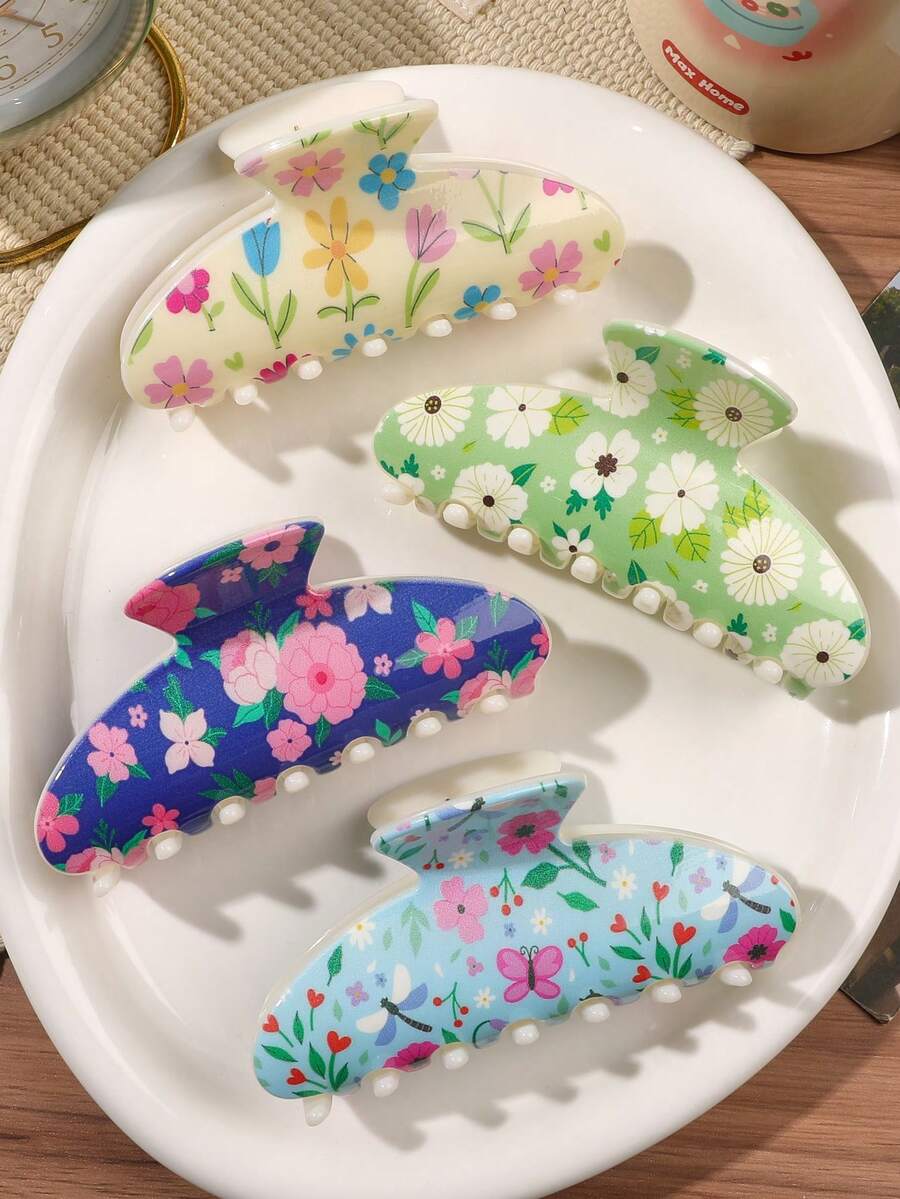 4件套春夏花卉蝴蝶印花PC材质半圆形发夹,波西米亚乡村风,百搭休闲、日常、通勤、聚会、下午茶等场合适用,夏季发饰沙滩抓夹,适合度假、旅行、节日、派对等场合。 - 彩色 - 查看 1