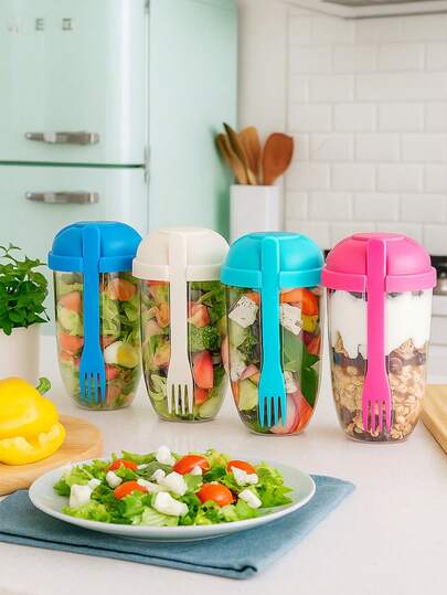 1/2pcs Portable Salad Cup With Built-In Fork, Large Capacity Leak-Proof, Ideal For Office Workers, Students, Outdoor Picnics, Commuting, Random Color