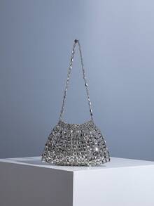 1个银灰色时尚女士单肩包，编织镂空女士斜挎包，适合海滩、度假、派对等场合，可搭配各种时尚T恤、沙滩装、春夏女装 - 深灰色 - 查看 11