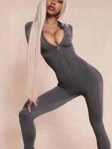 New Fashionable Personalized Street Style Commuter Tight Zip-Up Long Sleeve Jumpsuit Black Spring - Xám - Xem 2