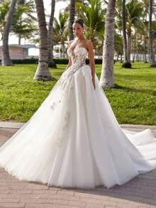 Dramatic Strapless Sweetheart 3D Floral Appliqué Illusion Boned Corset Tulle Ballgown Wedding Dress With Train, Wedding Dresses For Bride, Elegant And Comfortable, Includes Plus Sizes, Bridal Gown, Formal Dresses For Women, Suitable For Wedding, Party, After-Party Dress, Cocktail Party, Bride, Party Dress, Formal Occasions, Dinner Dress, Prom Dress, Birthday Party, Celebration, Gala, Festival, Ceremony, Graduation, Homecoming Dress, Vacation, White - White - View 1