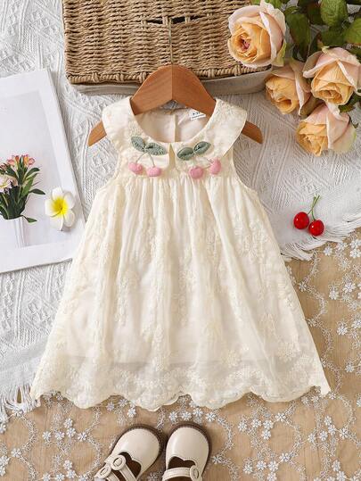 Đầm mùa hè mới cho bé gái kiểu rừng cây ngọt ngào với họa tiết hoa anh đào, cổ áo cài khuy, dáng rộng thoải mái thoáng khí, thiết kế thêu ren, kiểu công chúa tươi tắn, trang phục thường ngày đa năng.