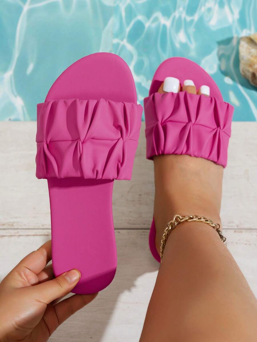 Wide Fit Women's Fashion Square Toe Pleated Flat Sandals, Summer Holiday Style PU Slide Slippers