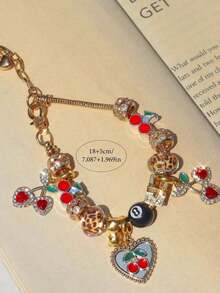 1pc Leopard Print Cherry Charm Bracelet, 1pc Black Cherry 8mm Bead Bracelet, Fashion Leopard Print DIY Bracelet, 1pc Red Cherry Music Festival Bracelet - 金色 - 查看 11