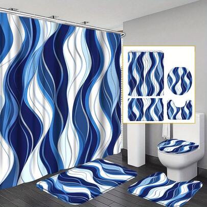 4pcs Blue And Navy Striped Bathroom Shower Curtain Sets, Grey And White Shower Curtain Sets With Rugs, Modern Abstract Shower Curtain Set, With 12 Hooks, Bath Mat, U-Shaped Bath Mat And Toilet Seat Cover, Decorative Bath Curtain For Home