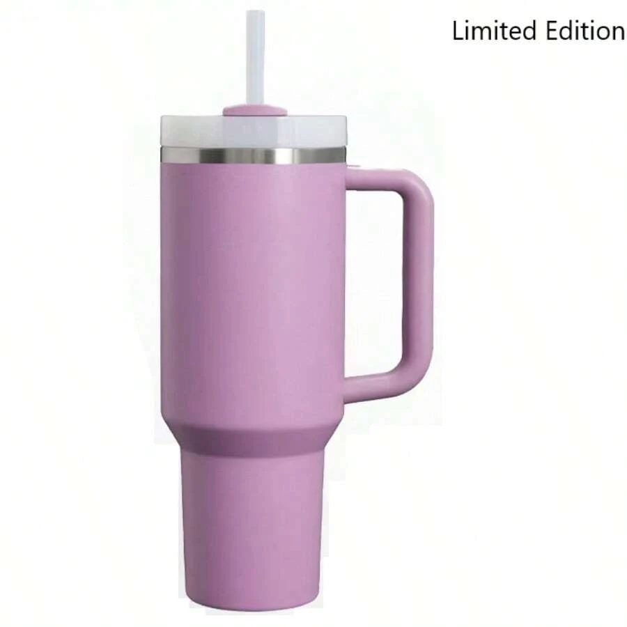 STY 1913 40 Oz Stainless Steel Tumbler Double Wall Vacuum Insulated Portable Drinking Cup Travel Iced Coffee Mug Summer Drinkware With Handle And Straw, Perfect For Travel, Home, Office, Gift, Ice Drinks And Hot Drinks - 紫色 - 查看 1