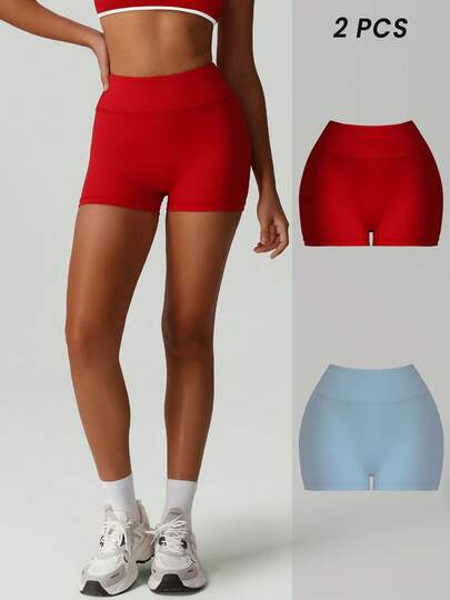 2 Pieces Summer Women's Stretch Solid Color High Waist Yoga Sports Cycling Shorts Athletic Training Active Wear Gym Shorts Fitness Running Shorts