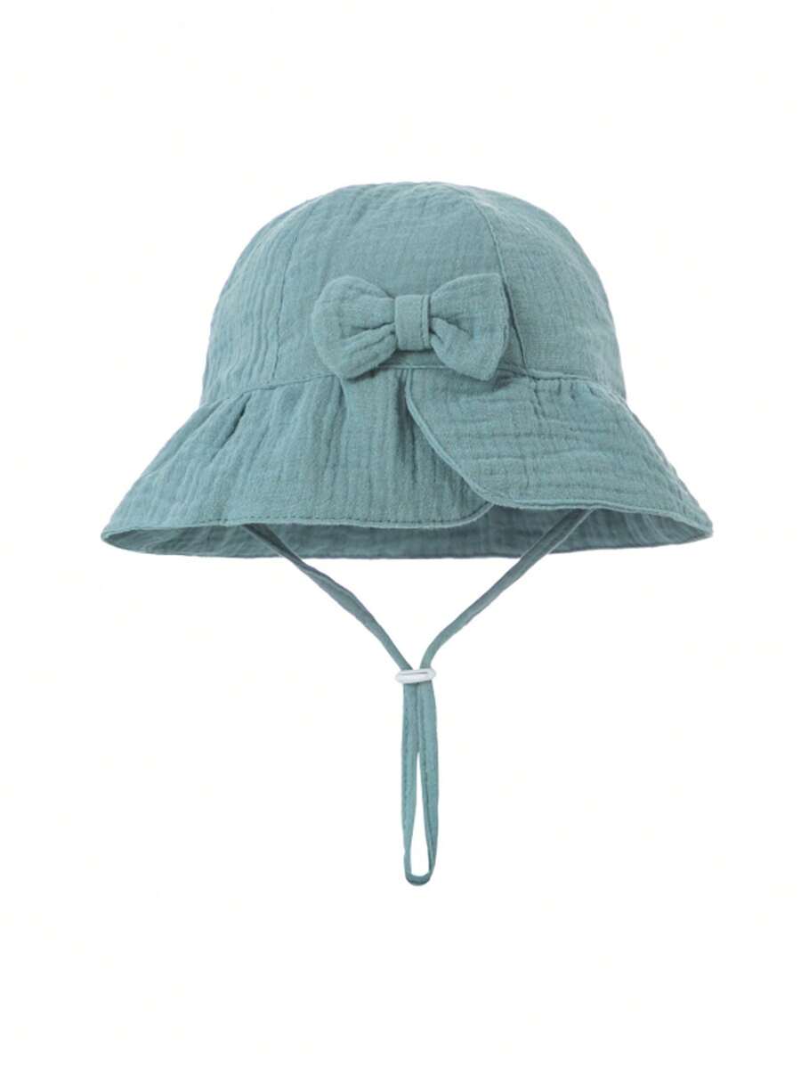 1pc Baby Sun Hat, Infant Floral Bow Decor Sunshade Cap, Adorable Solid Color Skin-Friendly Baby Hat - Mint Blue - View 1
