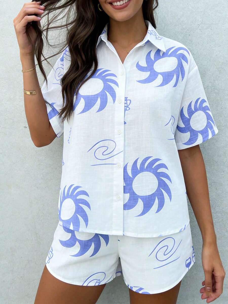 2pcs Women's Casual Bohemian Palm Leaf Print Button-Up Shirt And Drawstring Shorts Set Vacation Summer - Blue - View 1