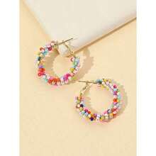 1pair Fashion Beaded Hoop Earrings For Women For Ear Decoration - Multicolor - View 2