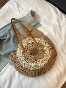 Sac de plage rond classique tressé pour femmes, sac bandoulière en paille, sac à main pour femmes, accessoires de plage, fournitures de plage, nécessité d'été, sac de vacances, élément essentiel des vacances, parfait pour les voyages, les vacances et la plage - Marron - Voir 7