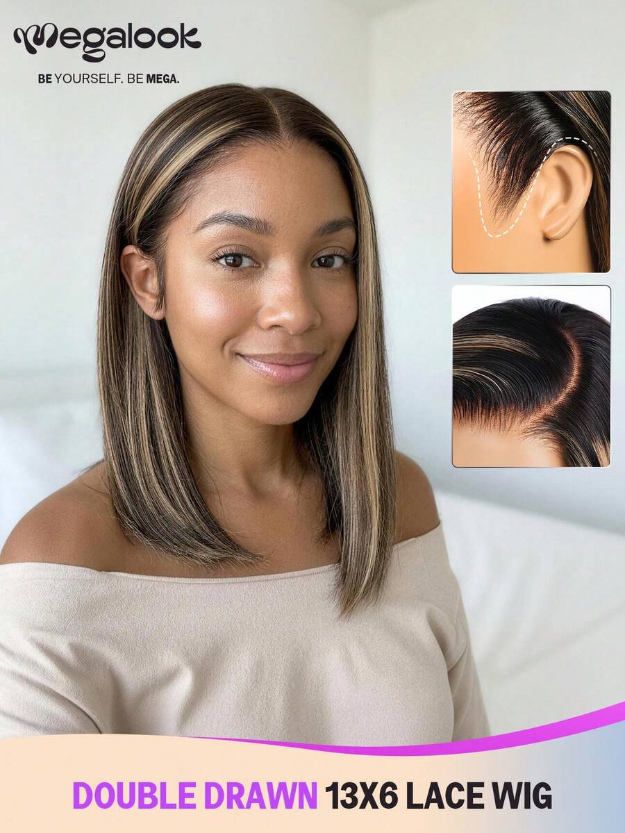 MEGALOOK Nâng cấp tóc giả không keo 13x6 Three-Go™ Ombre vàng bạch kim Balayage highlight thẳng sóng có dây rút 100% tóc người Tóc giả ren trong suốt phía trước Đã cắt sẵn ren từ tai đến tai Tóc giả không keo Đường chân tóc tự nhiên đã được tỉa sẵn Kiểu sóng Tóc giả nhuộm Không cần keo Thân thiện với người mới bắt đầu Dành cho phụ nữ Sử dụng hàng ngày - Nhiều màu - Xem 1