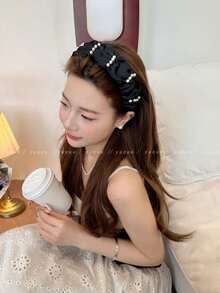 1pc Elegant Satin Headband, Pleated Faux Pearl Design, Wide Luxury Headpiece, Hair Accessory, 2026 New Arrival - Multicolor - View 8