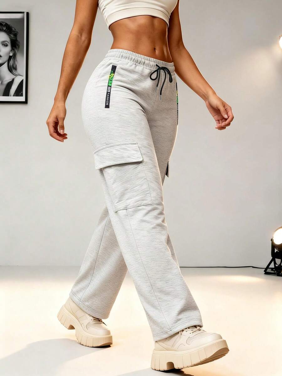 Pantalón de chándal cargo para mujer con cintura con cordón y pierna recta con cremallera lateral