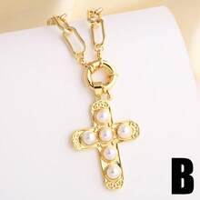 优雅女士大号仿珍珠十字架项链，铜镀金回形针链，个性项链首饰 - 金黃色 - 查看 13