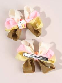 2pcs Macaron Color Polyester Cupcake Bow Hair Clips, Multi-Layer Hair Bows For Girls,Sweet Cute Style Hair Accessories, Suitable For Teens Daily Wear And Birthday Parties Hairpin - Multicolor - View 4