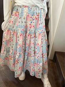 1 Peça Saia Chiffon Xadrez Floral Vintage, Saia Longa Impressa Aleatoriamente com Vibração Jovem para o Verão, Tom de Cor de Floresta, Saia Envelope de Cintura Alta Ideal para Praia, Final de Semana, Férias, Festa, Estilo Floral Picnic - Multicolorido - Visão 1