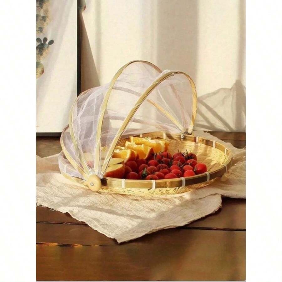 手工竹编网罩，可用于晾晒、竹篮罩、簸箕罩、桌布罩、防蚊蝇网罩 - 原木色 - 查看 1