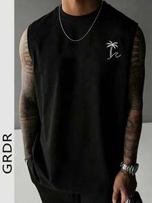 GRDR 男士夏季圆领棕榈树户外元素印花休闲无袖背心 - 黑色 - 查看 1