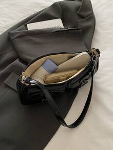 New Fashion Double Pocket Decor Handbag, Suitable For Parties, Outings, Vacations, Shopping And Daily Use, Can Store Coins, Phones, Also Suitable As A Work Bag For White-Collar, College Students And Office Workers, Elegant Ladies Bag - màu đen - Xem 4
