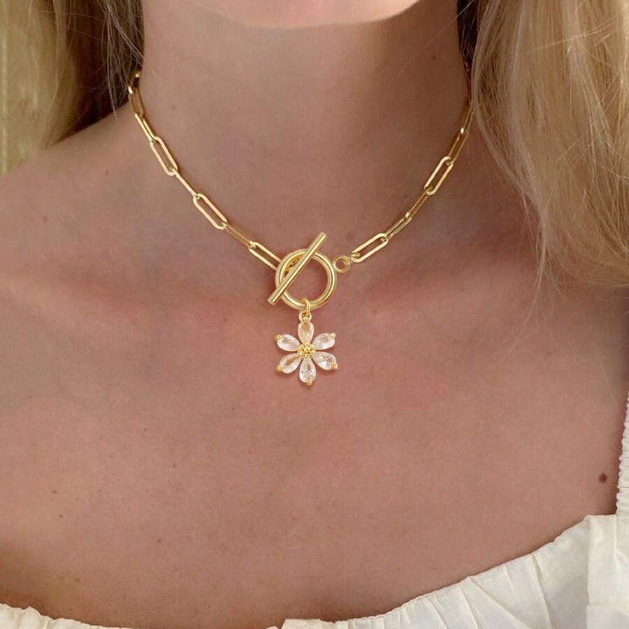 1pc Simple Colorful Artificial Crystal Flowers Toggle Clasps Pendant Stainless Steel Paper Clip Chain Necklaces For Women - Flower - View 1
