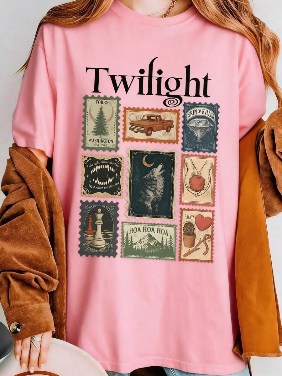Vintage Twilight Movie Women T-Shirt, Retro Vampire And Wolves Graphic Tee, Y2K Oversized Classic 2000s Film Aesthetic Apparel, GothicHorror Romance - 粉色 - 查看 1