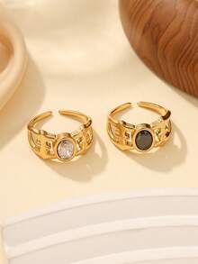 两件套不锈钢时尚简约金色戒指，镶嵌黑白水钻，适合女士日常佩戴或作为礼物 - 金黃色 - 查看 3