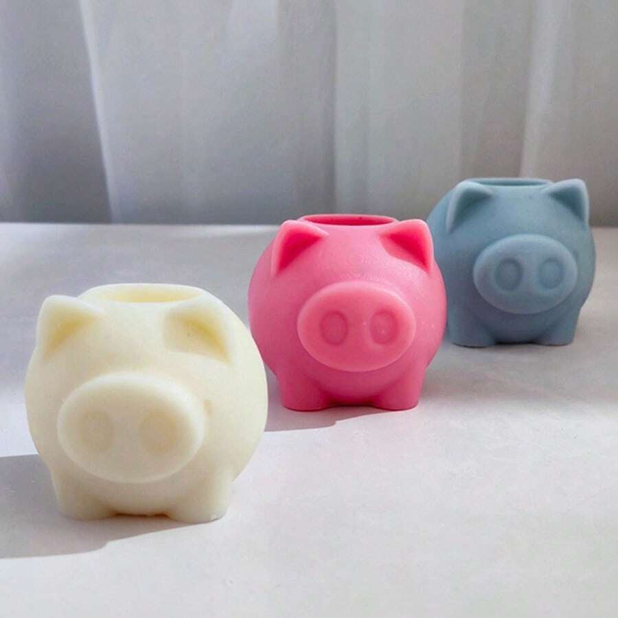 1个可爱小猪蜡烛台硅胶模具，DIY小猪摆件模具，石膏香薰石，蜡烛硅胶模具 - 白色 - 查看 1