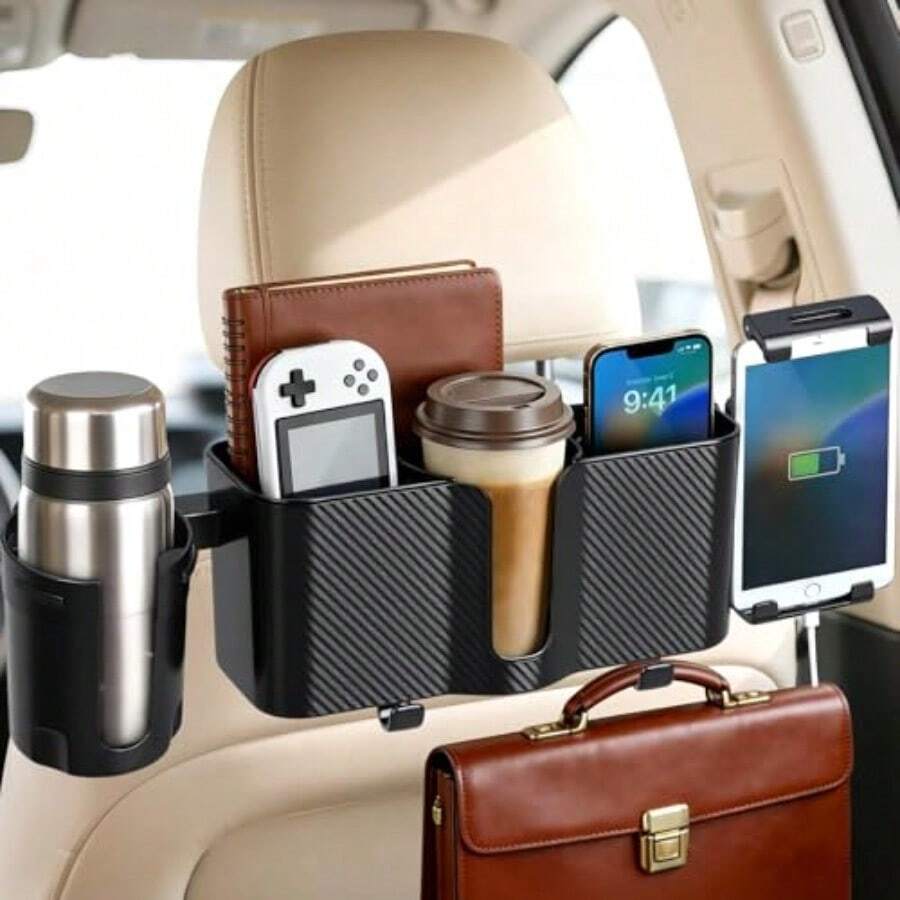 Boost 3 In 1 Car Backseat Organizer Back Seat Stora With Cup Holder Tissue Box Tablet Phone Holder Hooks Travel Accories For Trips Family Rides Daily Ential Accory - Black - View 1