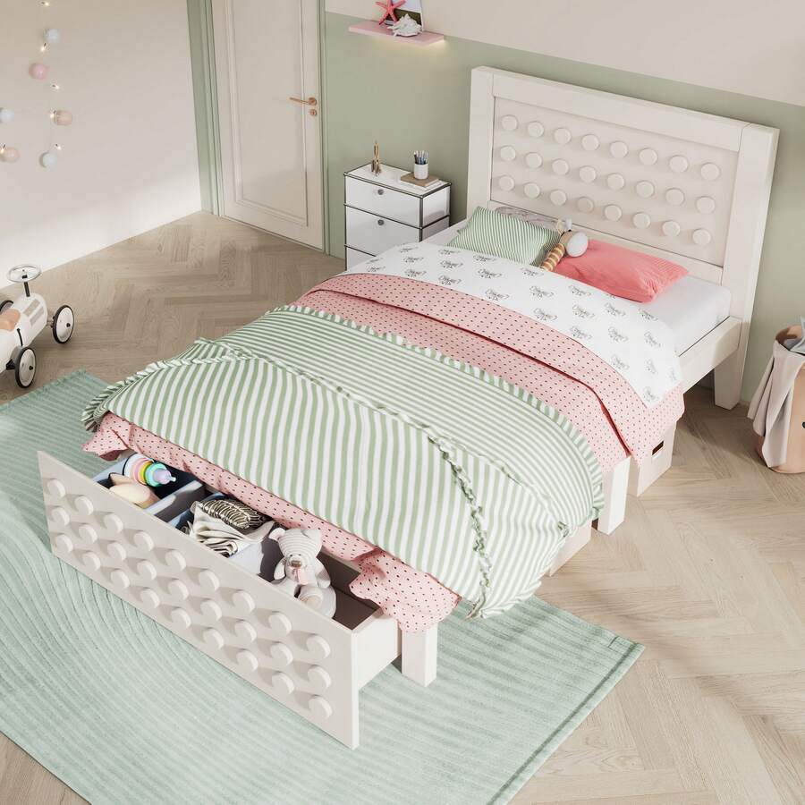 Wooden Single Bed 90x200 Cm, Children's/Youth Bed With Creative Block Design, Solid Wood Bed Frame With Slatted Base, With Drawers & Under-Bed Storage, White, Without Mattress - White - View 1
