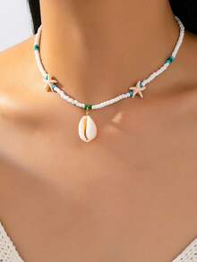 1 pieza Collar con colgante de estrella de mar y concha de estilo bohemio de verano, collar de cuentas de semillas naturales para mujer, adecuado para vacaciones y uso diario - Collar de conchas de estrella de mar con cuentas - Ver 1